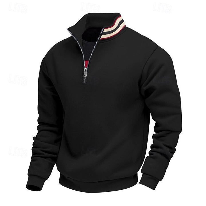 Black quarter-zip sweatshirt with a high collar featuring red, white, and black stripes, displayed on a white background.