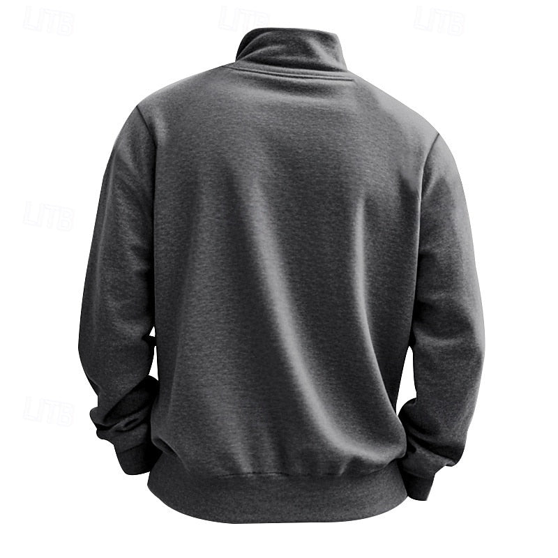 Back view of a dark gray heather quarter-zip sweatshirt with a mock neck collar and ribbed cuffs and hem.