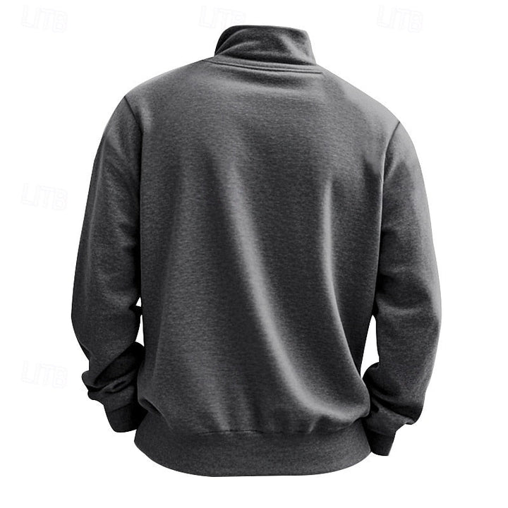 Back view of a dark gray heather quarter-zip sweatshirt with a mock neck collar and ribbed cuffs and hem.