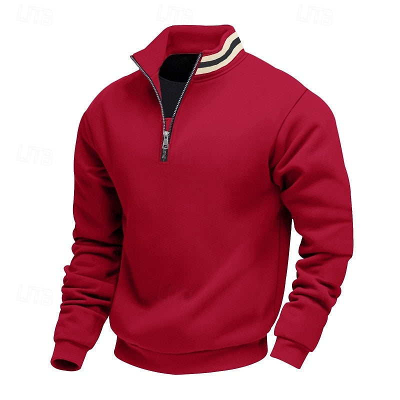 Red quarter-zip sweatshirt with a standing collar featuring two light stripes, a black lining, and a metal zipper.
