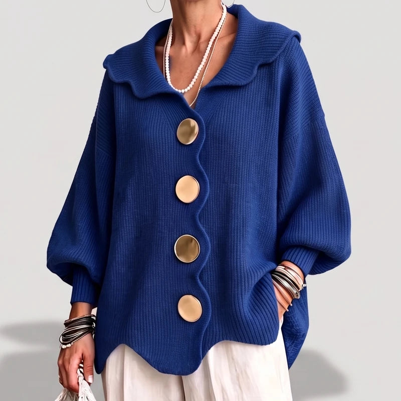 Blue knit cardigan on an off-gray studio background - 2