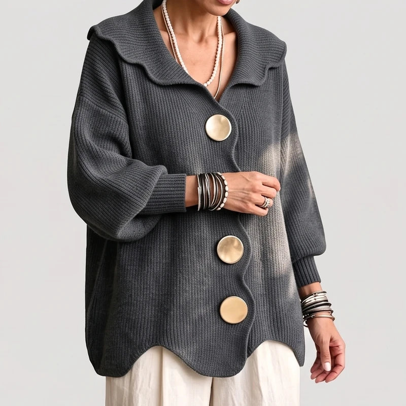 Dark Grey knit cardigan on an off-gray studio background - 2