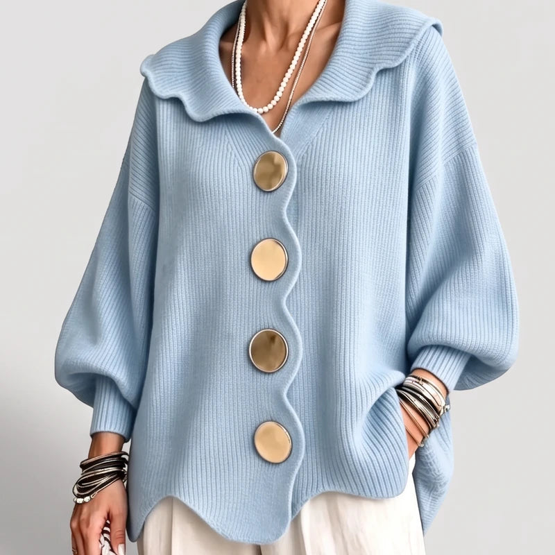 Light  Blue knit cardigan on an off-gray studio background - 2