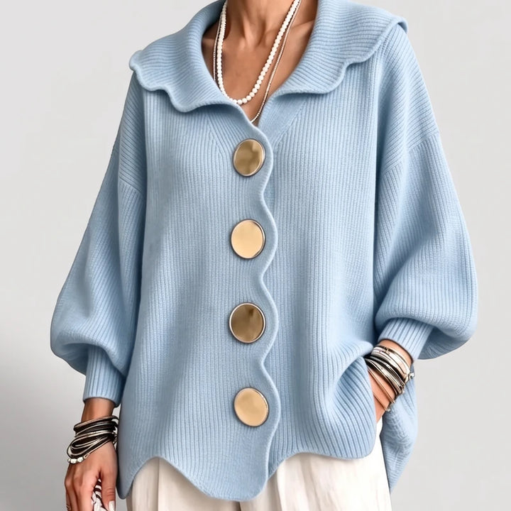 Light  Blue knit cardigan on an off-gray studio background - 2