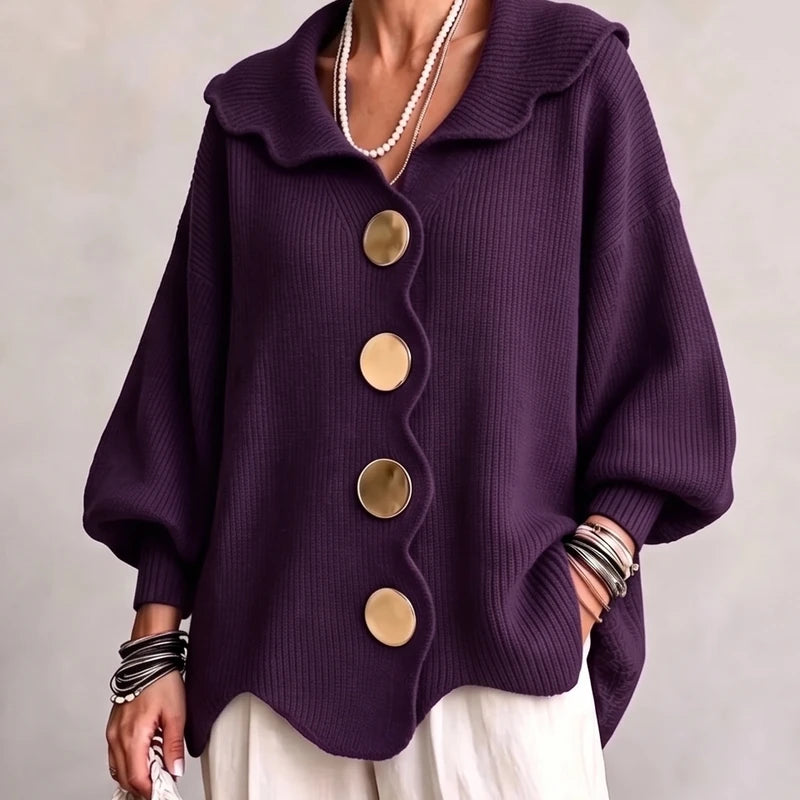 PURPLE knit cardigan on an off-gray studio background