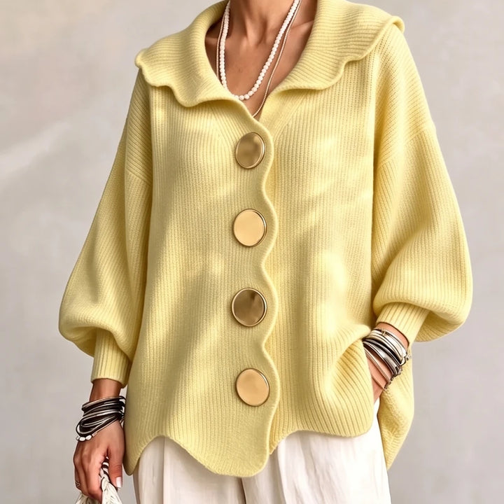 YELLOW knit cardigan on an off-gray studio background - 2