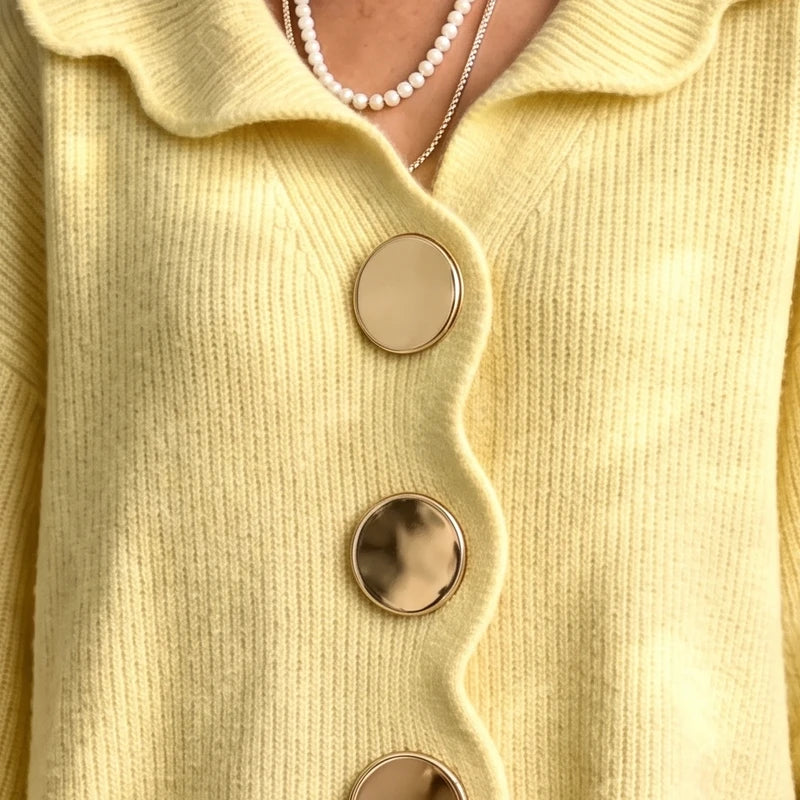 YELLOW knit cardigan on an off-gray studio background - 3