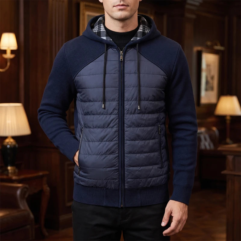 5069 Navy Blue knitted sweaters in a dark wood interior