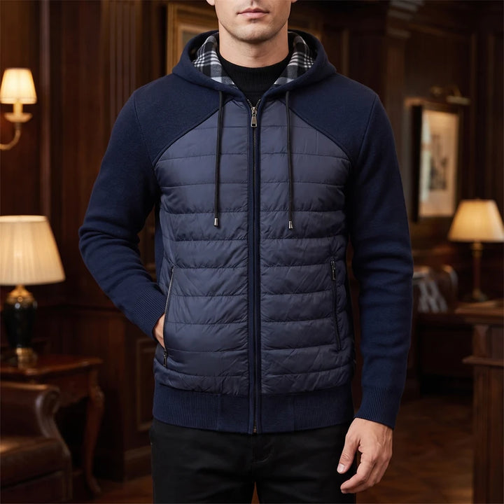 5069 Navy Blue knitted sweaters in a dark wood interior