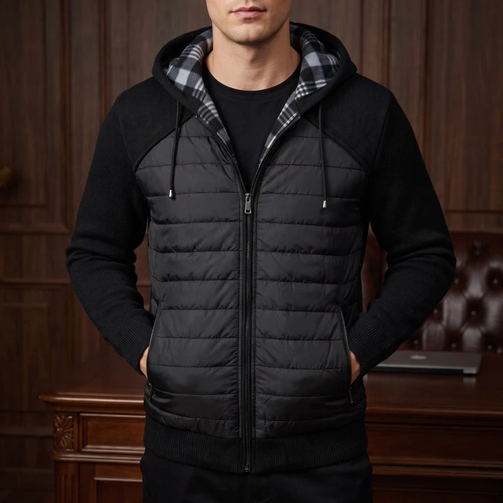 Black knitted sweaters in a dark wood interior