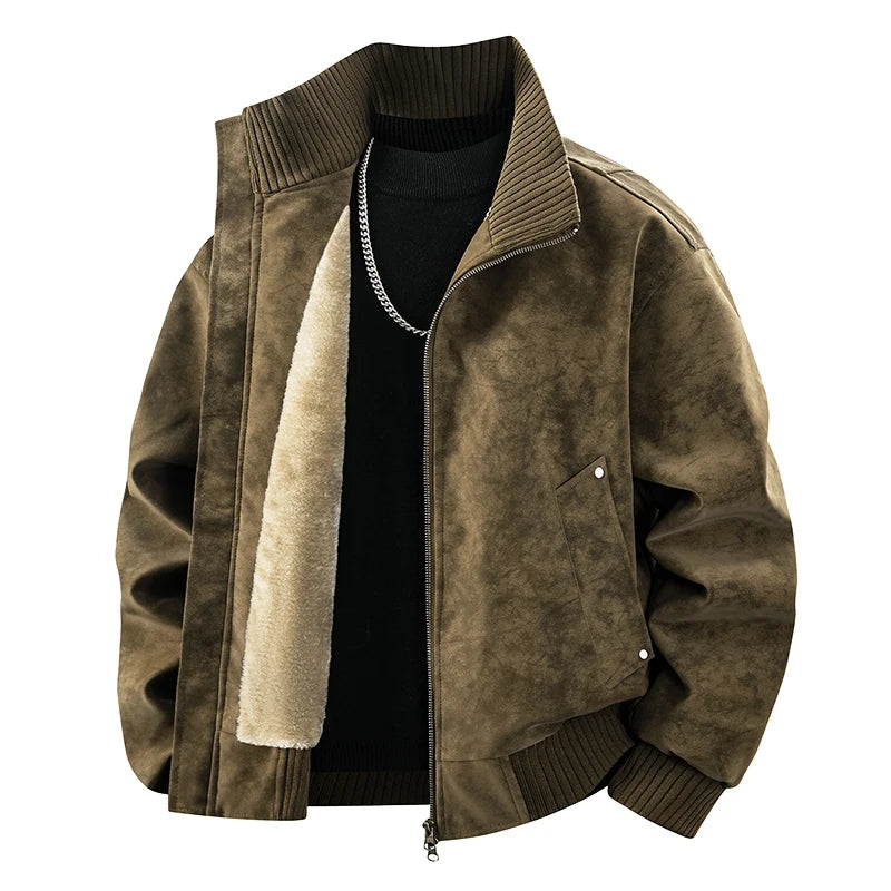 Brown suede-look bomber jacket with ribbed collar and hem, revealing creamy plush lining over a black sweater.