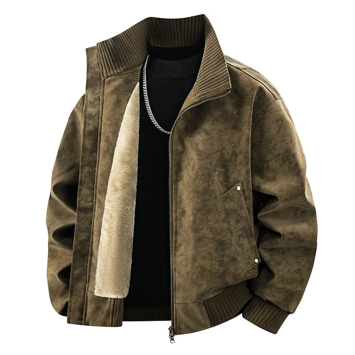 Brown suede-look bomber jacket with ribbed collar and hem, revealing creamy plush lining over a black sweater.