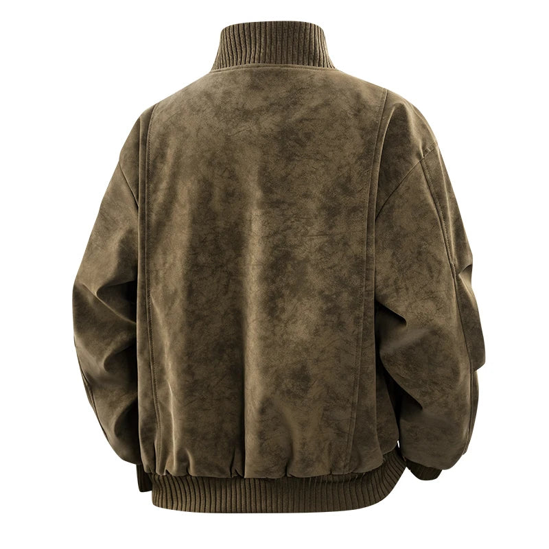 Back view of an oversized olive green jacket with a distressed texture, ribbed collar, and elasticated hem.