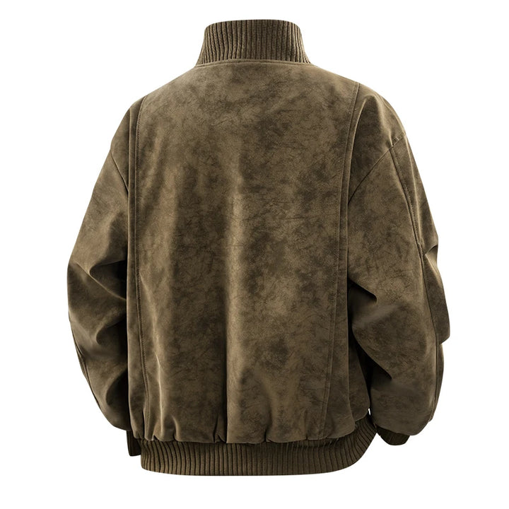 Back view of an oversized olive green jacket with a distressed texture, ribbed collar, and elasticated hem.