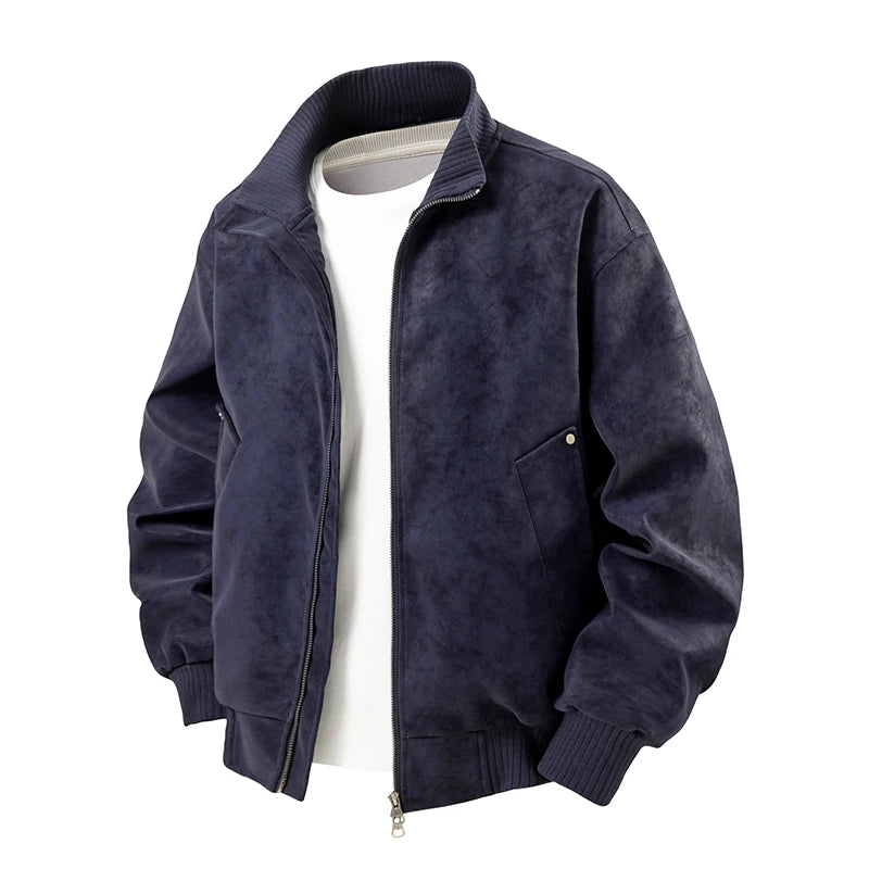 Navy blue suede-textured jacket with ribbed collar, cuffs, and hem, zipped over a white t-shirt.