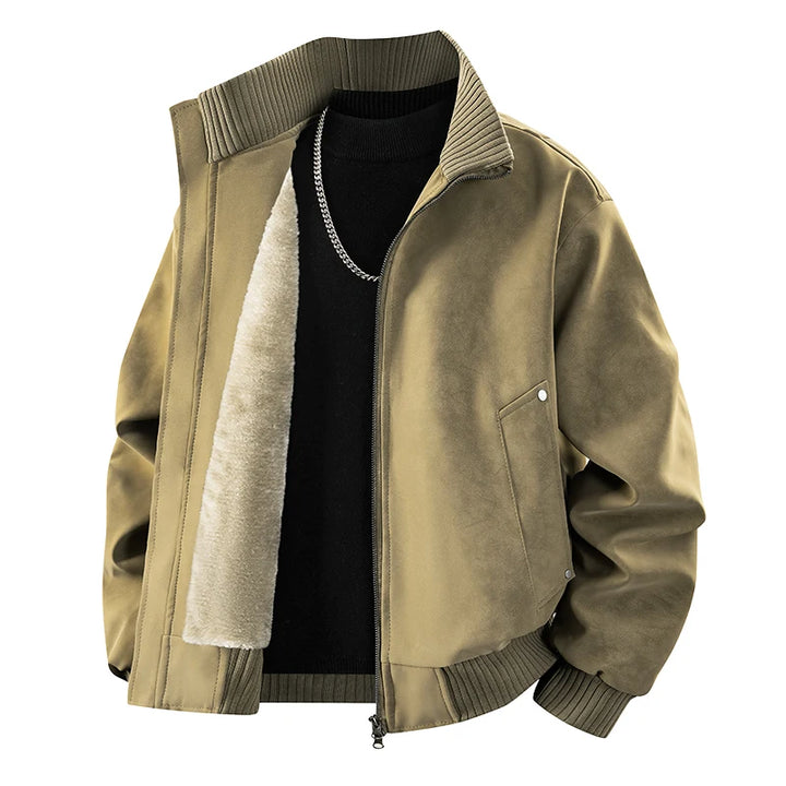 Khaki bomber jacket with ribbed collar and cuffs, open to show a black sweater and plush cream lining.