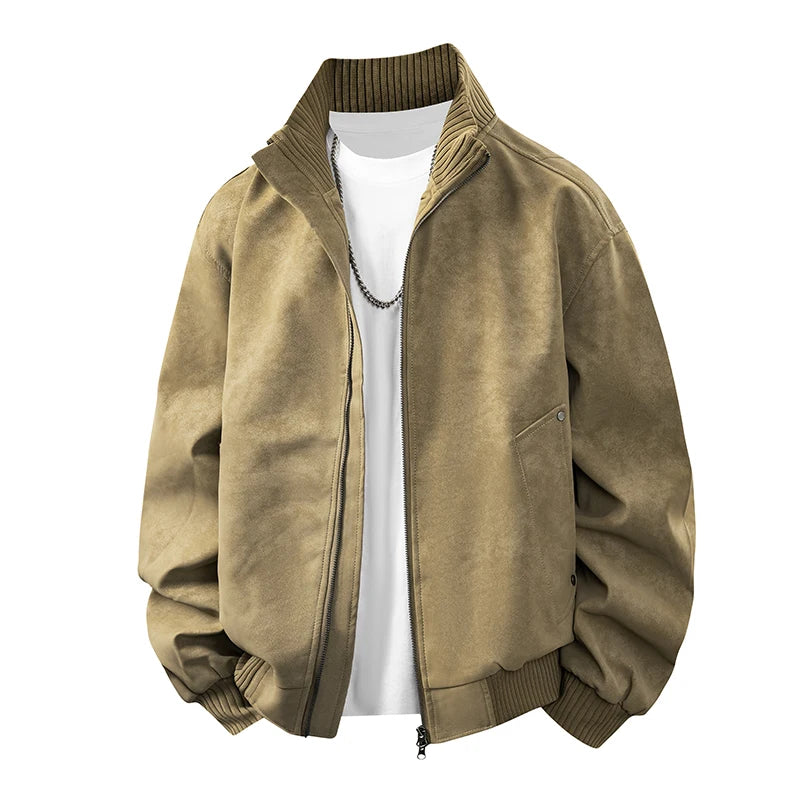 Khaki mock neck jacket with ribbed trim, zippered front, and a single breast pocket.