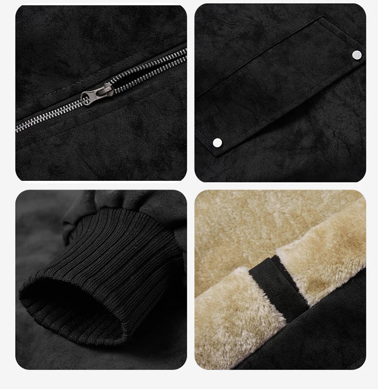 Close-up details of a black suede-like jacket showing a silver zipper, snapped pocket flap, ribbed cuff, and cream faux fur lining.
