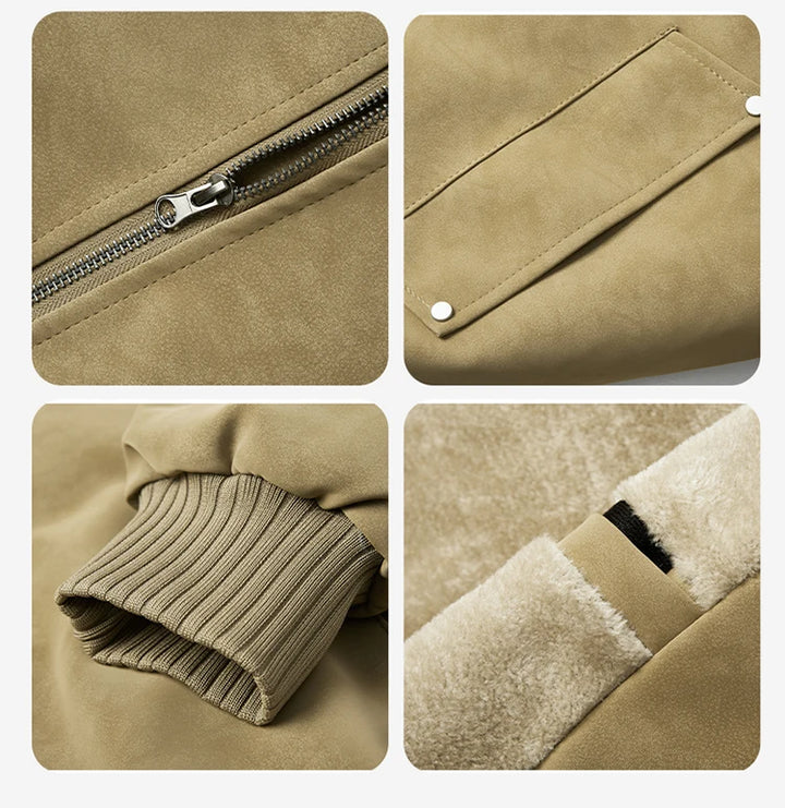Close-up collage showing details of a tan suede-like jacket, including a silver zipper, buttoned pocket, ribbed cuff, and soft cream lining.