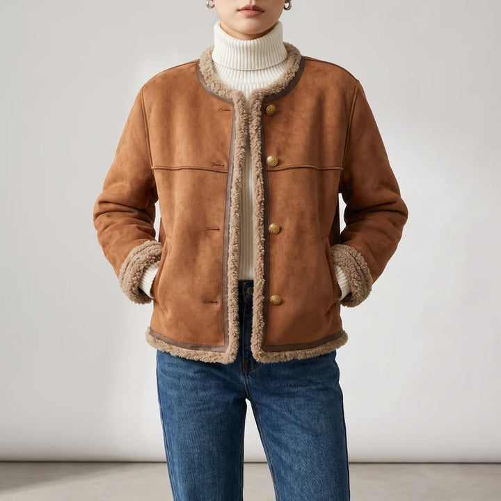 Tan Brown suede jacket on an off-gray studio background