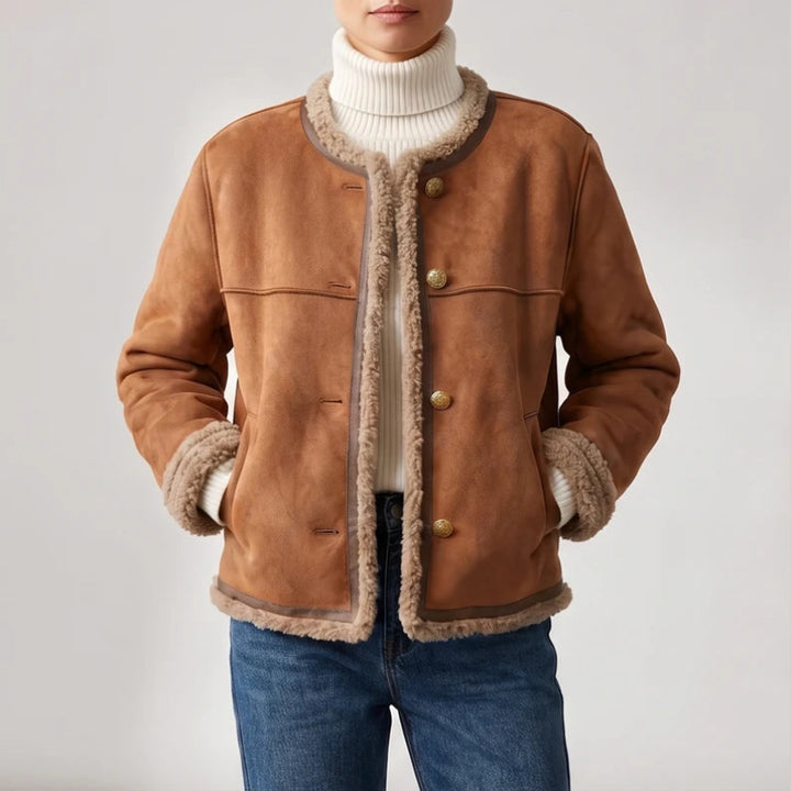 Tan Brown suede jacket on an off-gray studio background