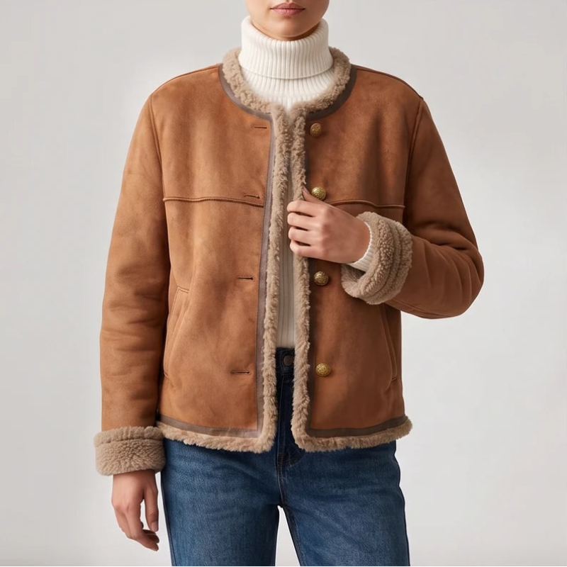 Tan Brown suede jacket on an off-gray studio background - 3