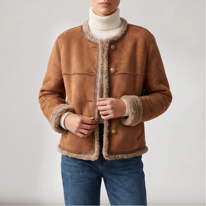 Tan Brown suede jacket on an off-gray studio background - 4