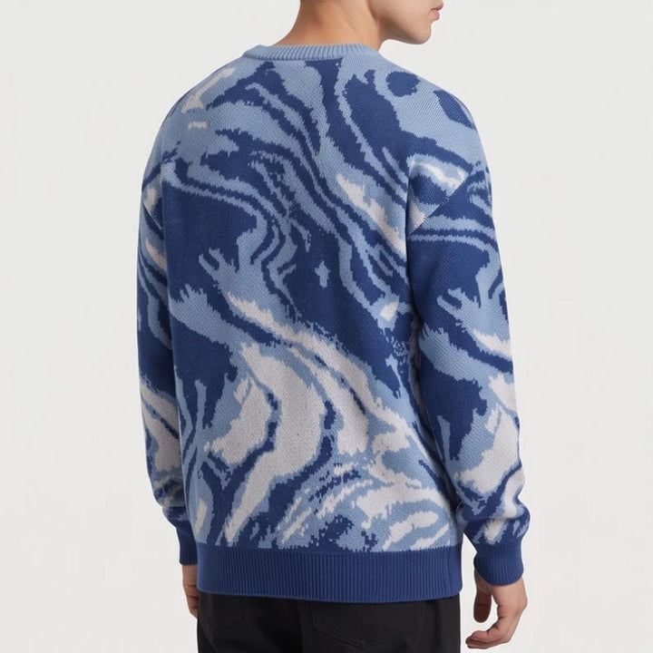 Blue knit pullover on an off-gray studio background - 3