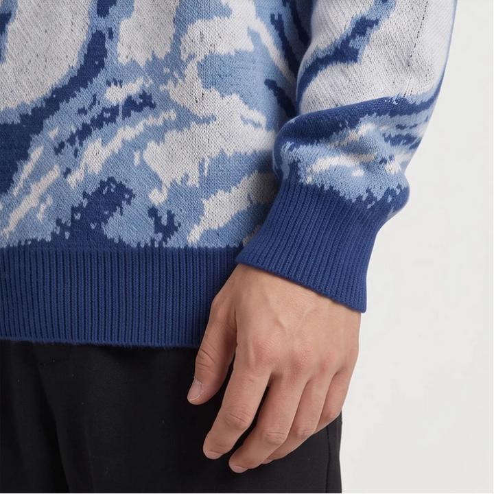 Blue knit pullover on an off-gray studio background - 4