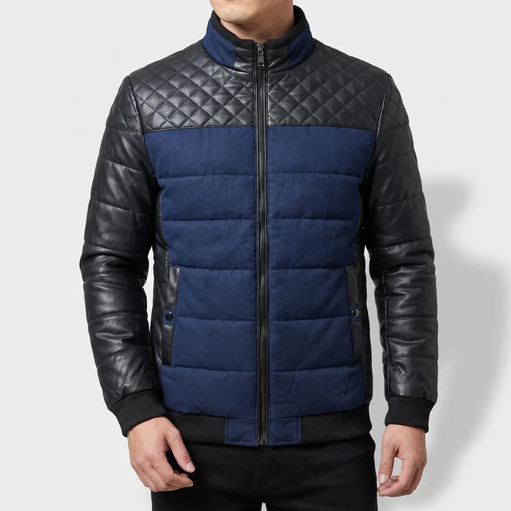 Blue cotton jackets on an off-gray studio background