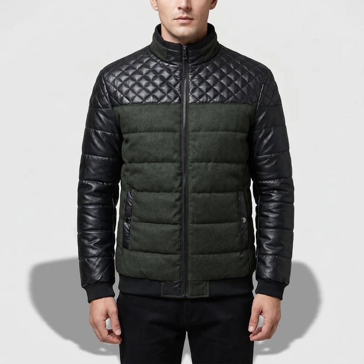 Green cotton jackets on an off-gray studio background