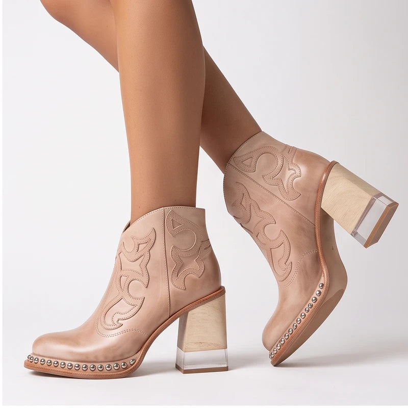 Model wearing Beige leather boots in a studio - 2