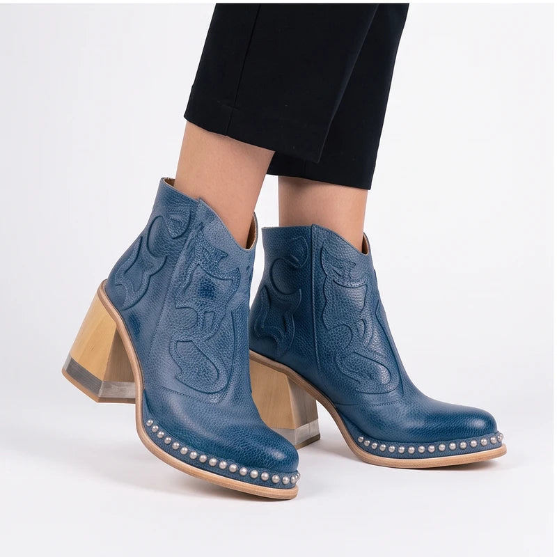 Model wearing Blue leather boots in a studio - 3