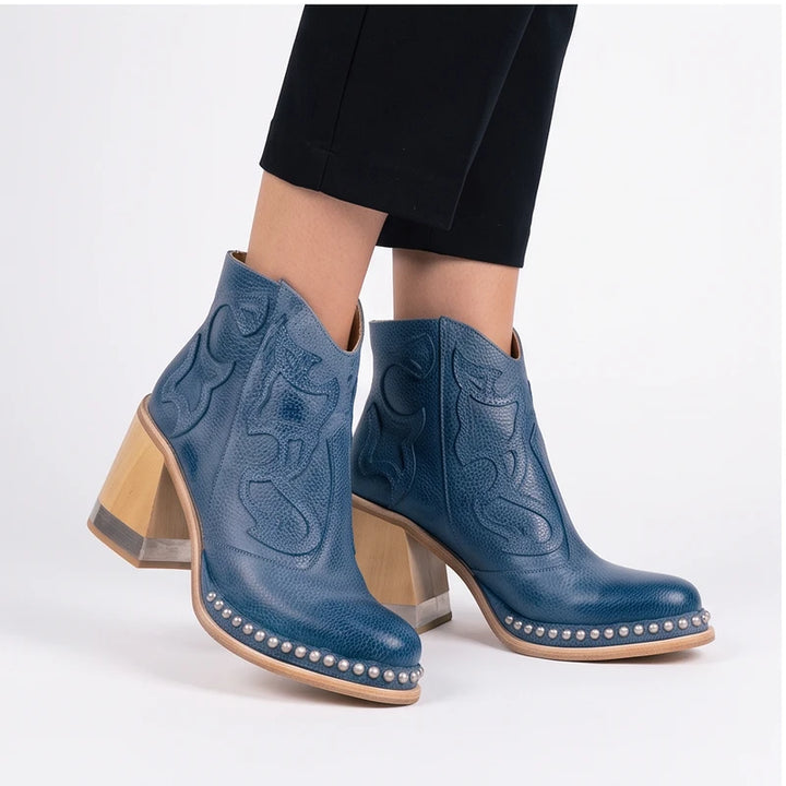 Model wearing Blue leather boots in a studio - 3