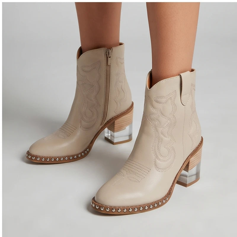 Model wearing White leather boots in a studio - 2