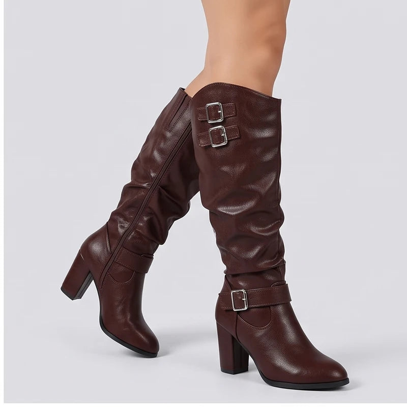 Model wearing Brown metal heel in a studio - 2