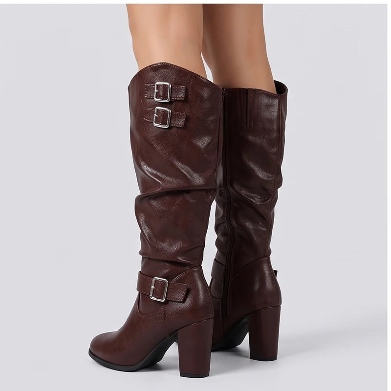Model wearing Brown metal heel in a studio - 3