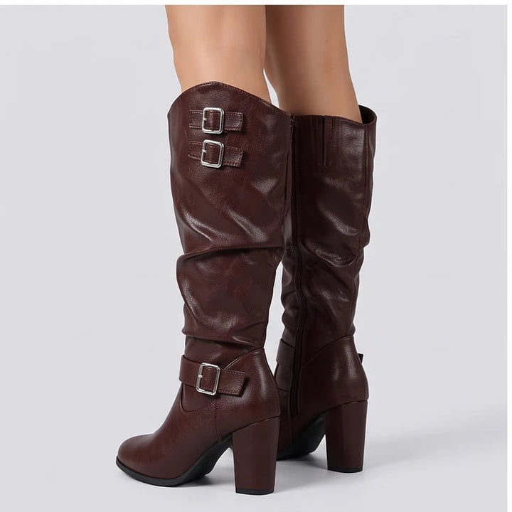 Model wearing Brown metal heel in a studio - 3