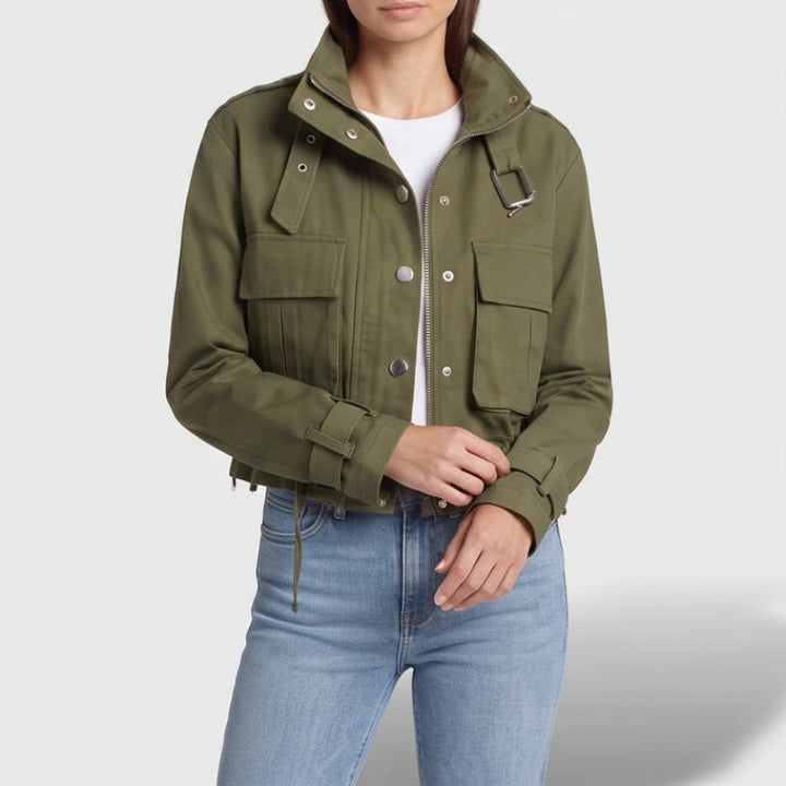 Green jacket on an off-gray studio background - 3