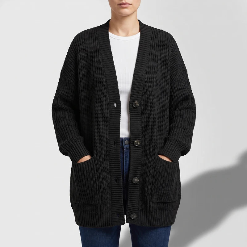 Black knit cardigan on an off-gray studio background
