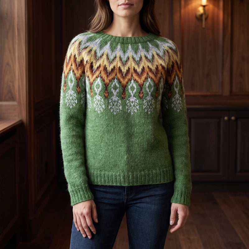 feather sweater in a dark wood interior