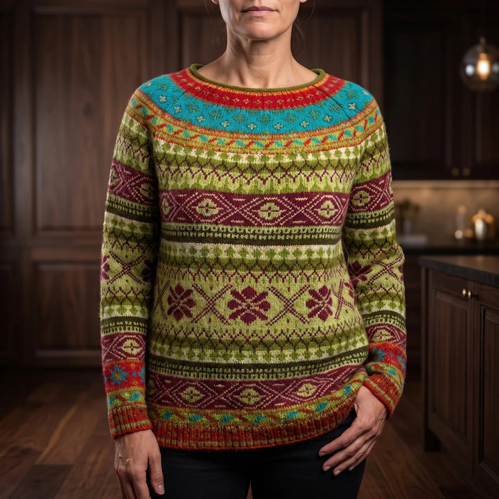 Mixed sweater in a dark wood interior