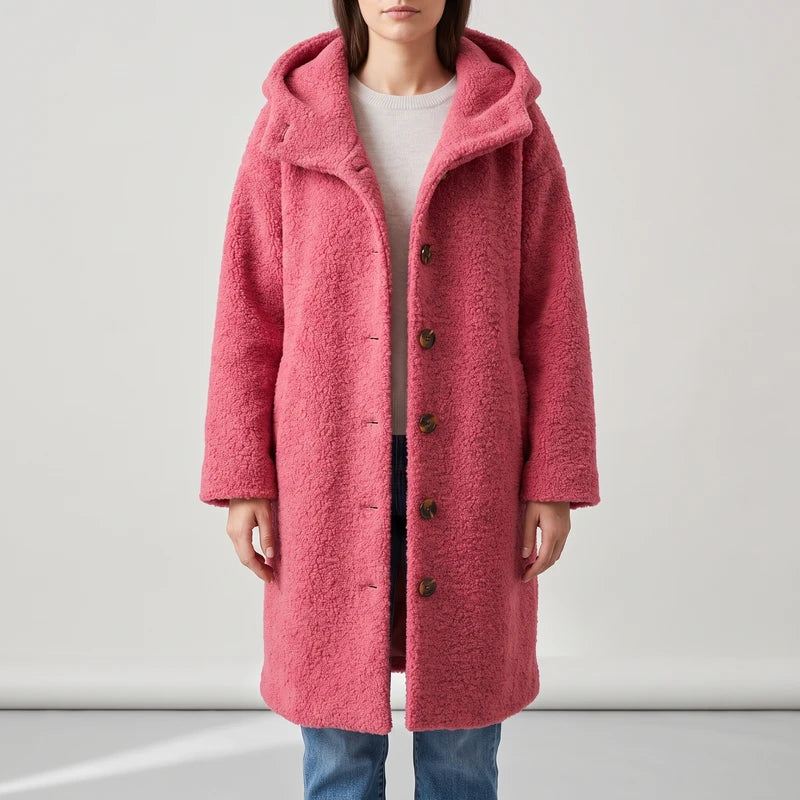 Pink coat on an off-gray studio background