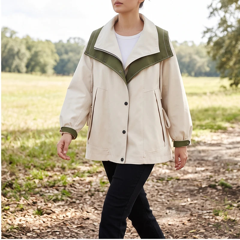 Model wearing Apricot jacket outdoors