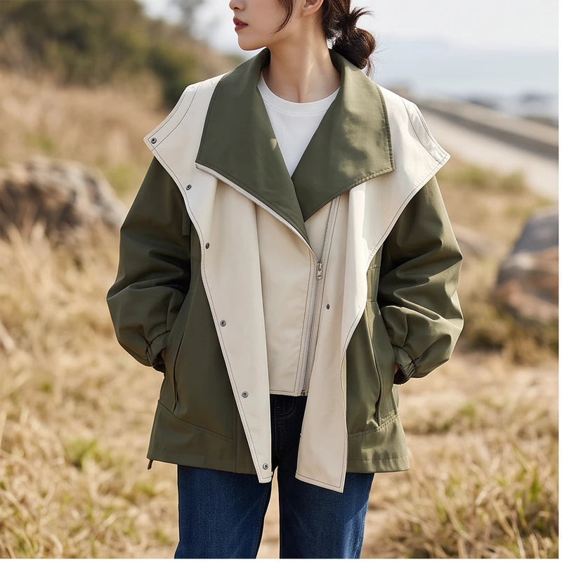 Model wearing Green jacket outdoors