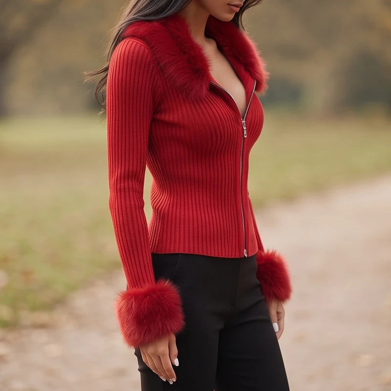 Woman wearing a red ribbed knit cardigan with a furry collar and cuffs, unzipped at the top, over black pants outdoors.