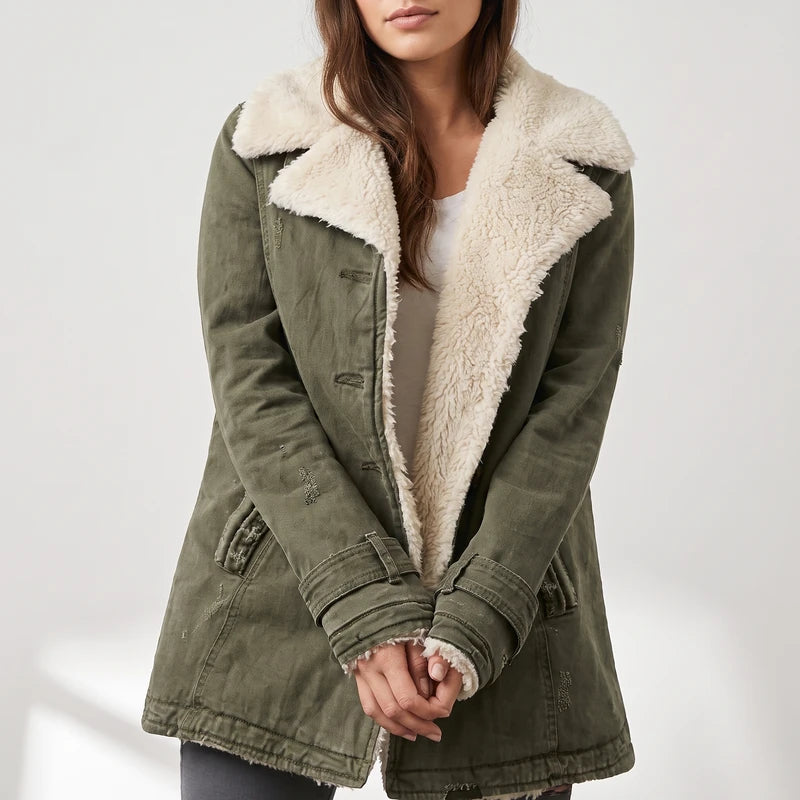 Woman wearing an olive green distressed jacket with a cream sherpa collar and lining, hands clasped, in a neutral setting.