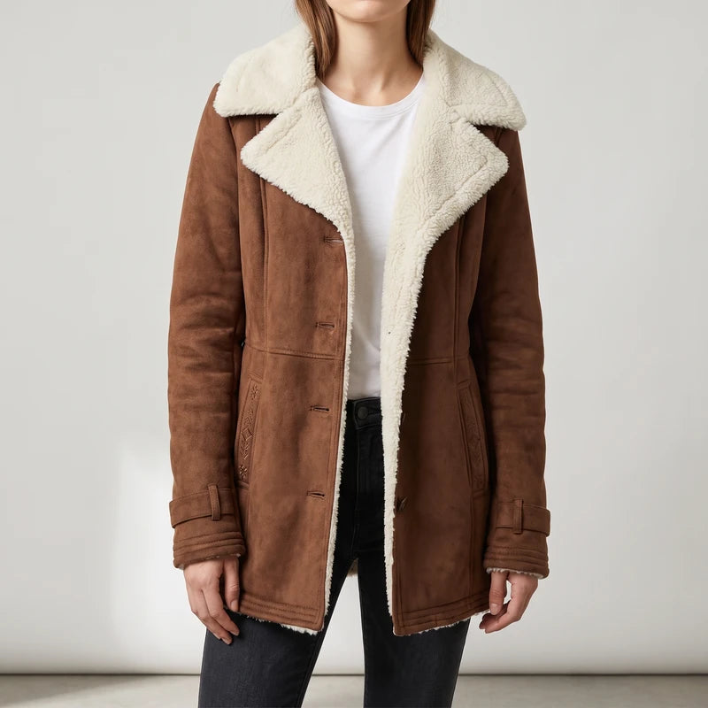 Woman wearing a long brown suede-look jacket with a wide cream sherpa collar, lining, and button closure over a white shirt.