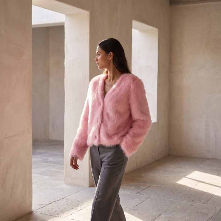A woman wearing a fluffy light pink faux-fur cardigan and gray trousers, standing in a minimalist beige stone interior with natural light streaming in from an open doorway.