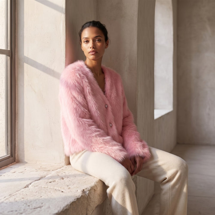 A woman sits on a stone windowsill wearing a soft pink faux-fur cardigan and cream wide-leg trousers in a minimalist, sunlit stone room.